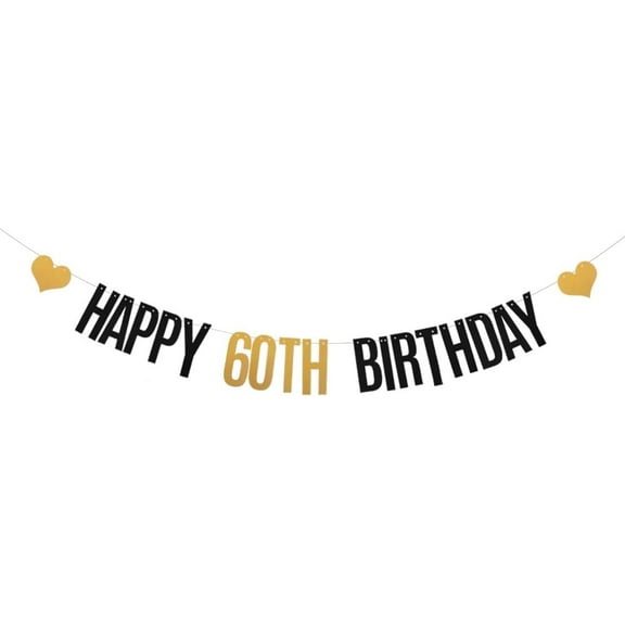 Black and Gold Glitter Happy 60th Birthday Banner for 60 Years Old 60th Birthday Party Decorations Supplies Pre-Strung HAPPY 60TH BIRTHDAY