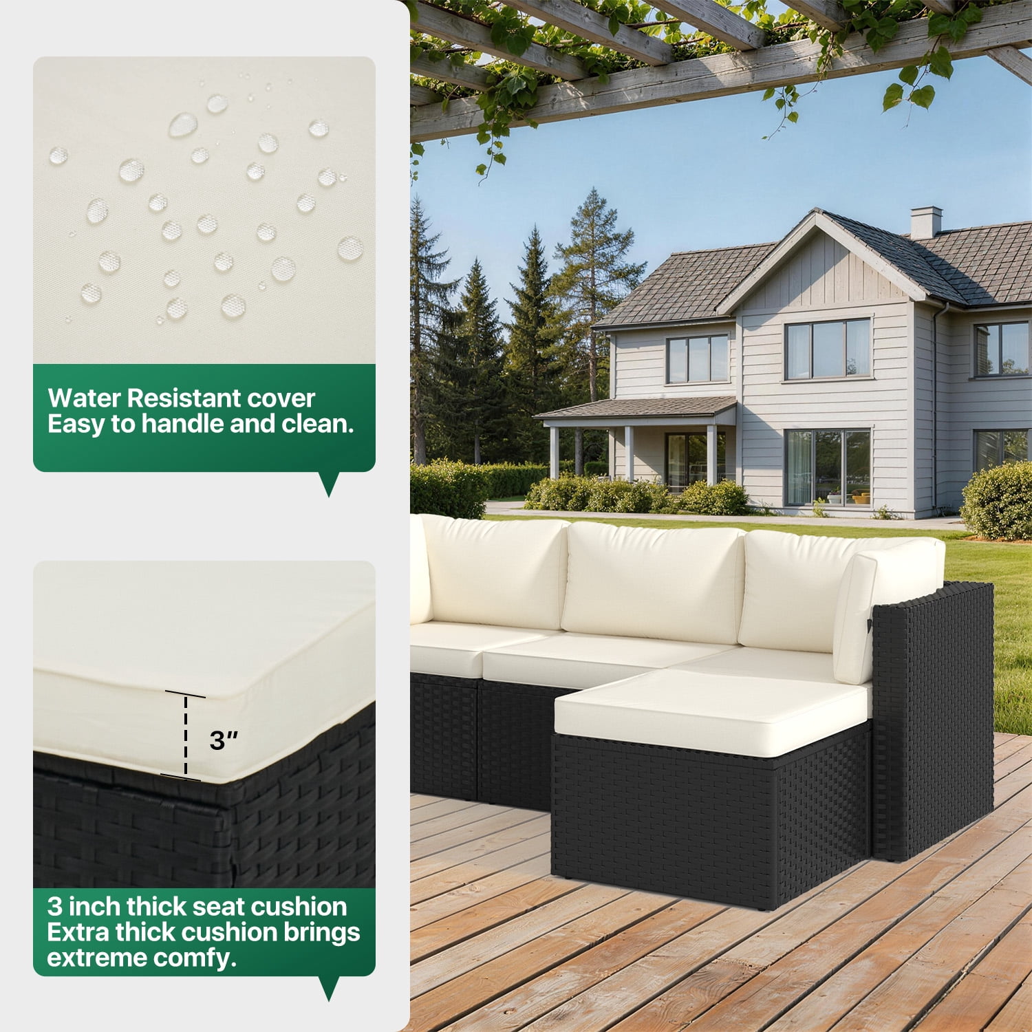 Clouddwell 5 Pieces Patio Furniture Set, All-Weather Wicker Rattan Patio Sectional Sofa Set with Coffee Table (Off-White)