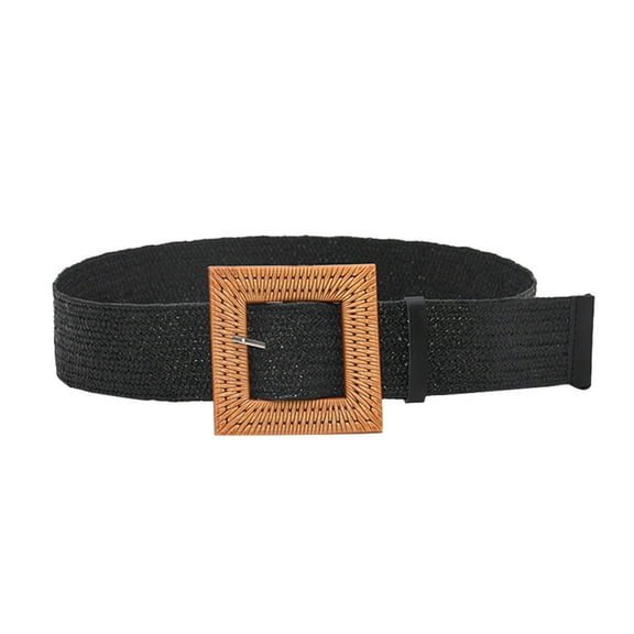 TANGNADE Womens Belts For Dresses Women Elastic Straw Rattan Waist Band With Wood Buckle Belt Black