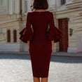 thumbnail image 4 of Karymi Sundress Elegant Solid Midi Sheath Dress, Crew Neck Tiered Bell 3/4 Sleeve Slim Fitting Knee Length Formal Party Wedding Guest Dress, 4 of 6