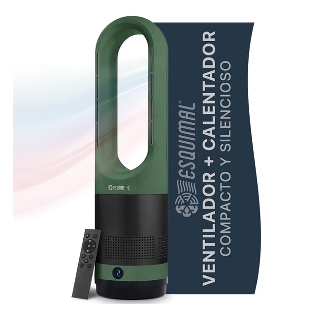 ventilador calentador 2 en 1 sin aspas silencioso esquimal color verde - grafito Ventilador-calefactor Esquimal Aero 1000 en verde con base grafito, vista frontal vertical; aro ovalado sin aspas sobre cuerpo cilíndrico (14 cm x 56 cm). Base perforada con panel táctil LED frontal, indicador circular y logotipo Esquimal; control remoto incluido. Potencia 1000W, calefacción cerámica PTC 3 niveles (hasta 35° C), 8 niveles de ventilación, oscilación 80º y temporizador 1–9 h; modo nocturno ultra silencioso; adecuado para espacios de 12–16 m2; a menudo se usa como ventilador portátil para mesas o esquinas.