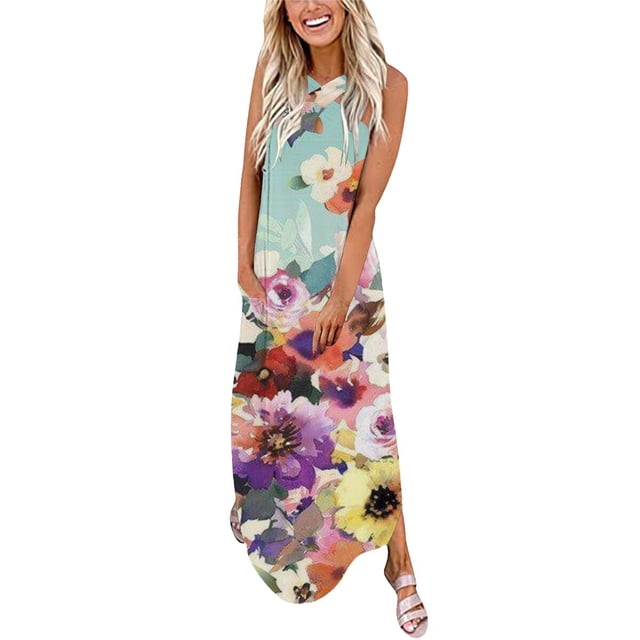 SMihono Robe Maxi Bohème d'Été pour Femmes Grande Taille Design Décontracté Robe Longue Sans Manches Col en V Robe de Plage