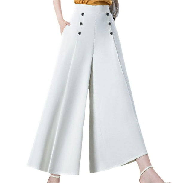 Pantalones anchos de mujer, pantalones de cintura alta, pantalones de trabajo con bolsillos para primavera y verano. Blanco