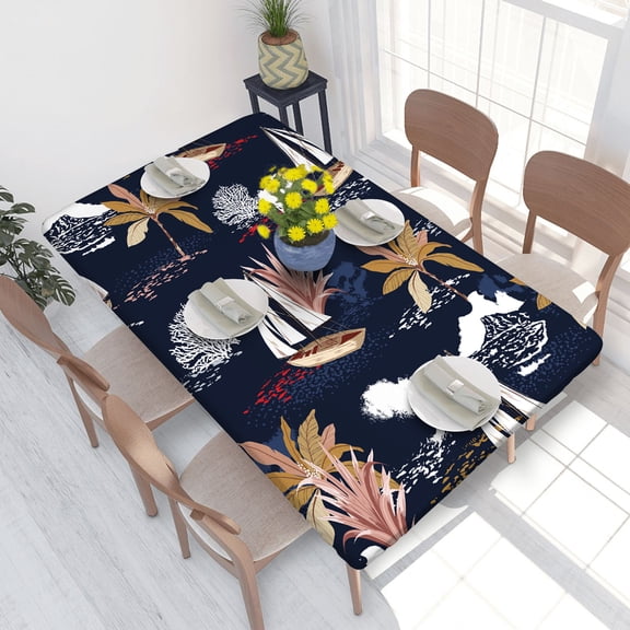 Elastic Edge Fitted Tablecloth Beautiful Palm Trees Mountain Corals for Rectangle Table 4 FT 30 X 48 Inch