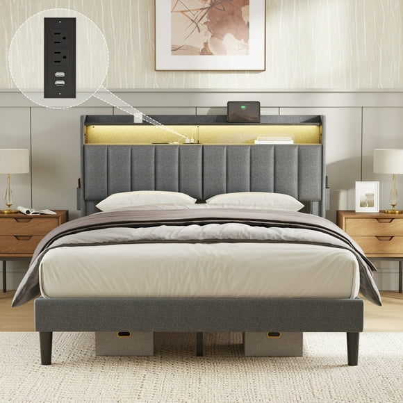 GUNAITO Full Size Bed Frame with Storage Headboard Upholstered Platform Bed Frame with LED Lights and USB Ports & Outlets Grey