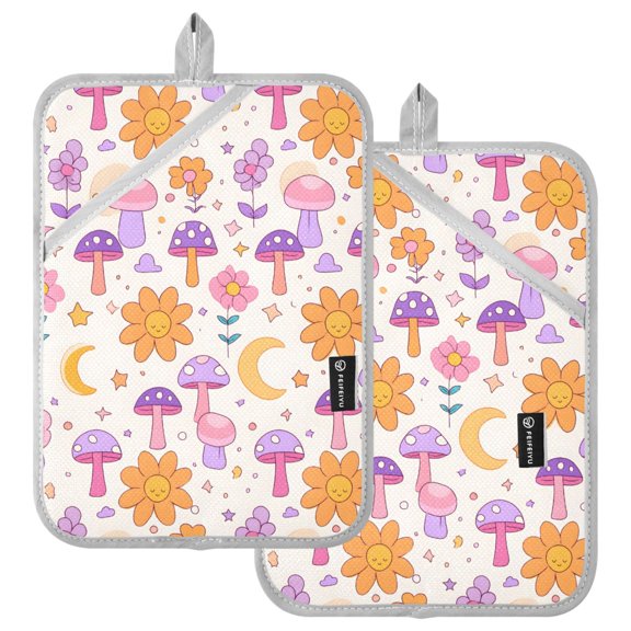 Ryvnso Cute Mushroom Flower Pattern Oven Mitts Heat Resistant Pot Holders Set of 2 Hot Pads