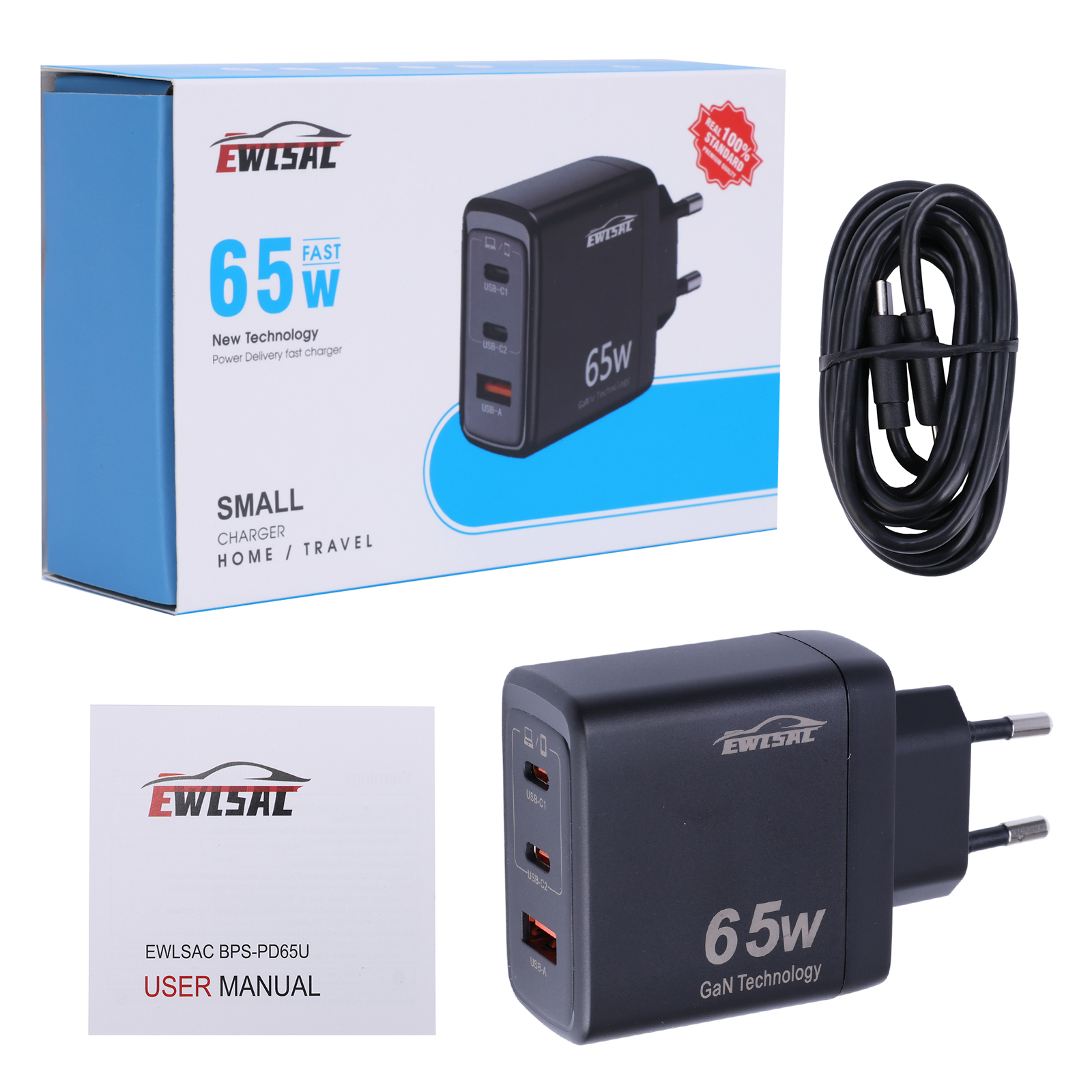 65W GaN Triple-Port USB Wall Charger | Fast PD Charging Station (EU Plug) - Compatible for iPhone 16 Pro/16/15, for Samsung S24/S23, and Tablets | Portable Travel Power Adapter