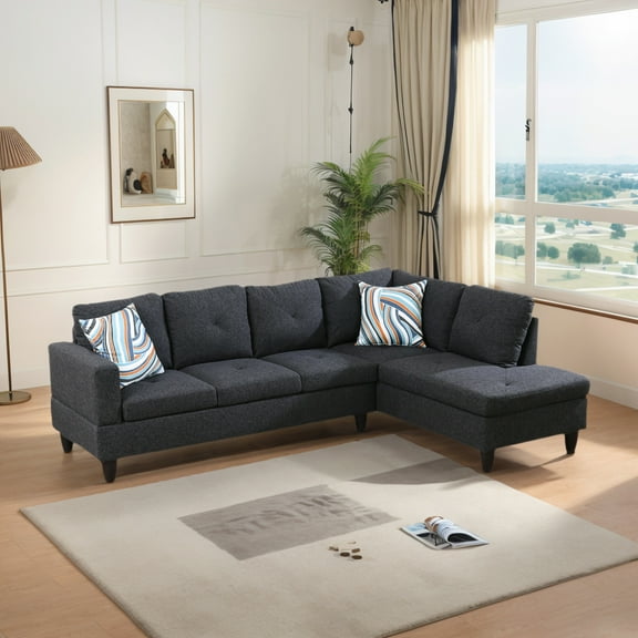 Hommoo 2-Piece Linen L-Shaped Sectional Couches and Sofa Set, Modern Living Room Furniture Set, No Ottoman, Right Side, Black Grey
