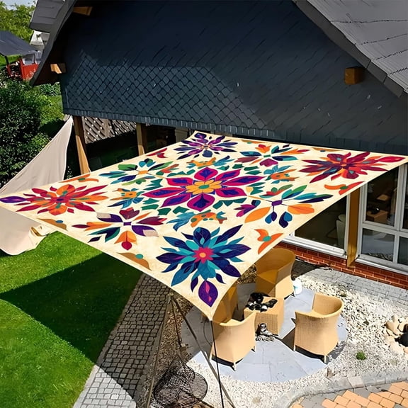 Bohemian Floral Sun Shade Sail, 70 x 118 in Waterproof UV Block Polyester Fabric Vintage Flower Canopy Cover for Outdoor Patio Garden Deck (k)