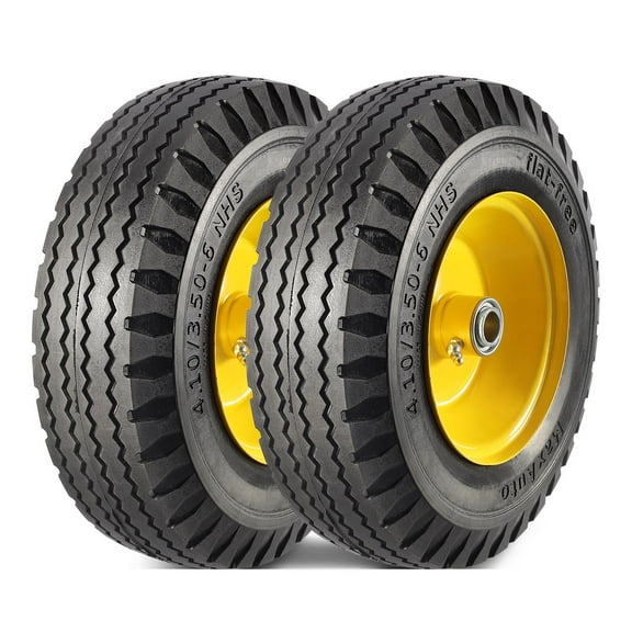 MaxAuto 2 Pcs 4.10/3.50-6" Flat Free Tire, Hand Truck/All Purpose Utility Tire on Wheel, 3" Centered Hub, 3/4" Bearings, Yellow Steel