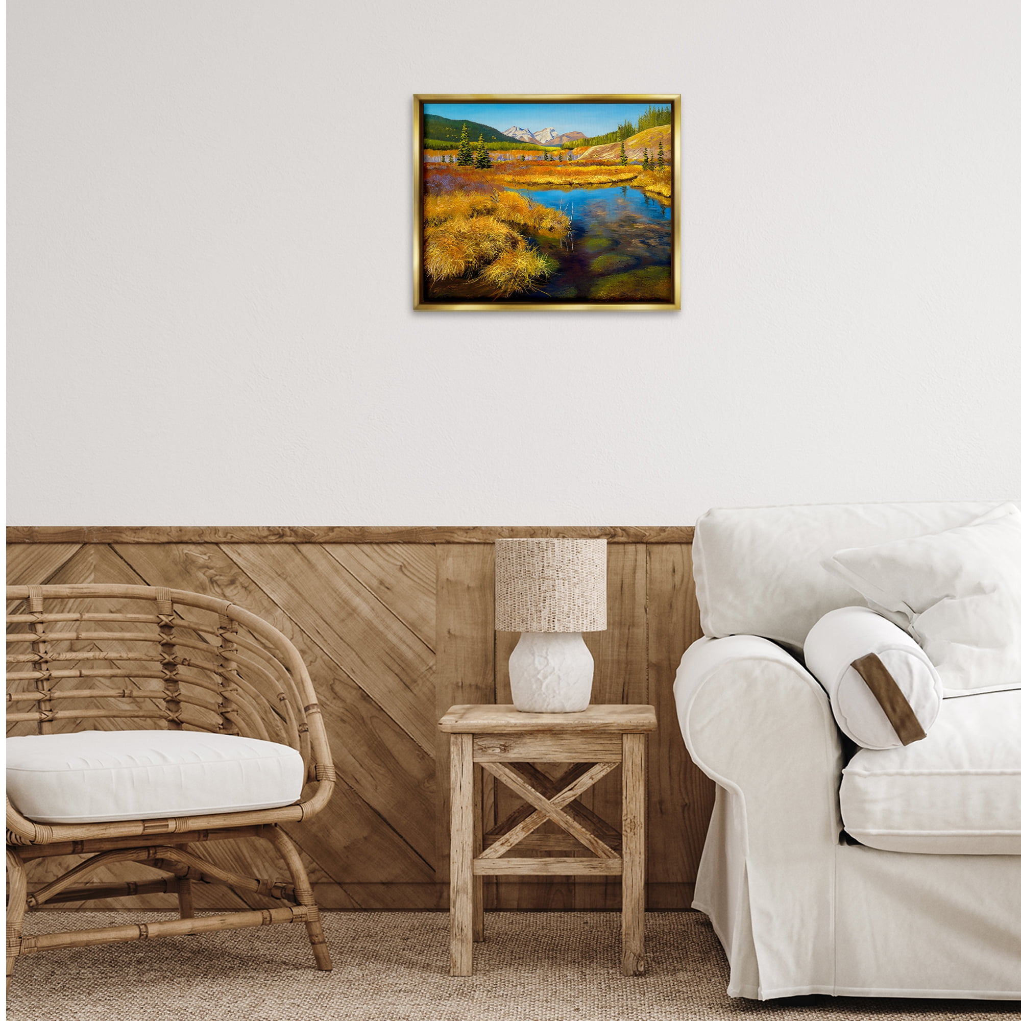 Stupell Industries Lush Pond Landscape Landscape & Nature Painting Gold Floater Framed Canvas Art Print Wall Art, 21 x 17