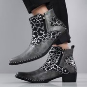 Men's Western Vintage Style Ankle Boots, Pointed Toe Cowboy Boots with Leopard Print, Floral Print Side-Zip Boots, Block Heel Dress Boots for Men