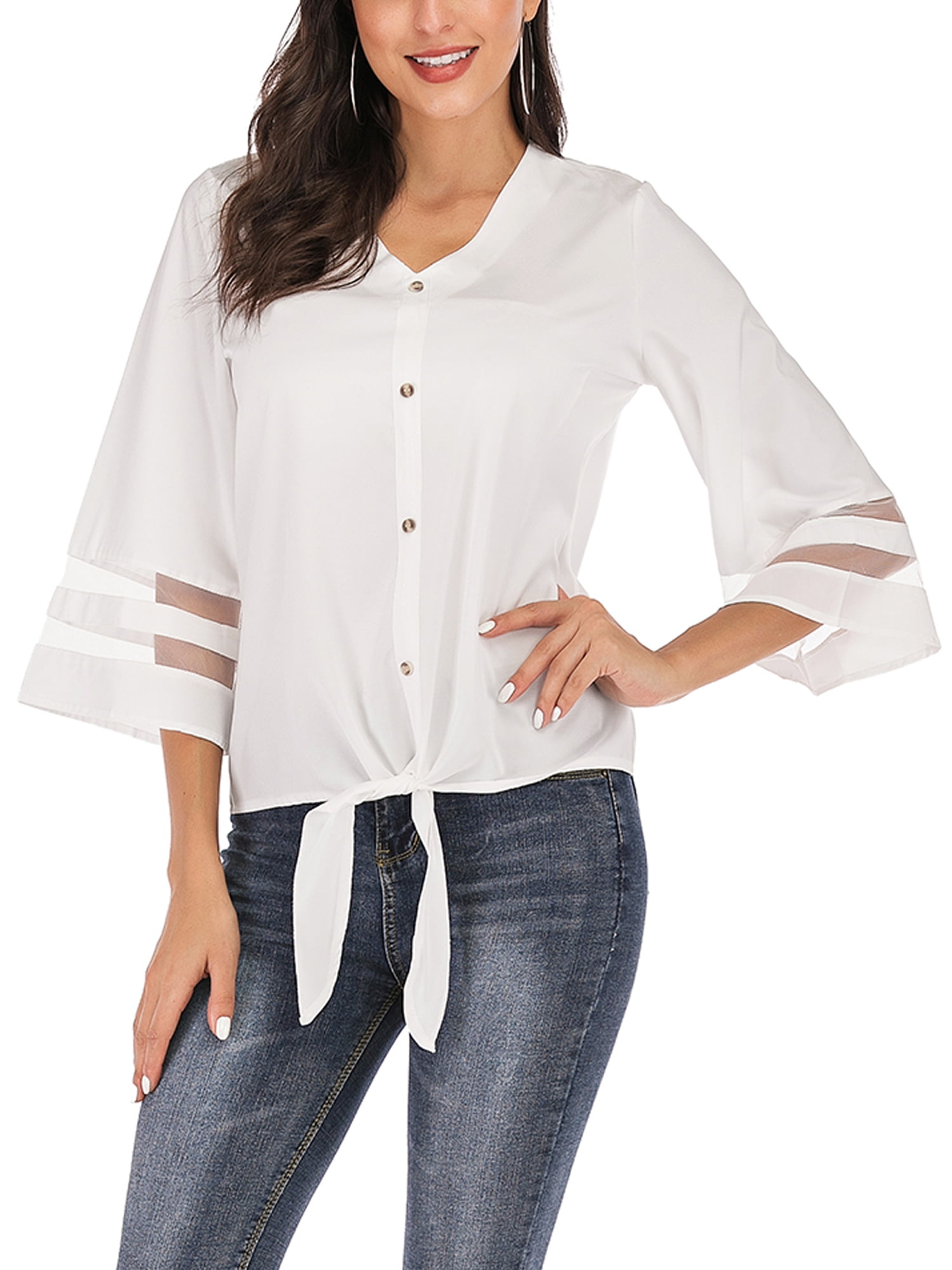 LELINTA Womens Lightweight Blouses & Shirts Lace Patchwork 3/4 Sleeve V