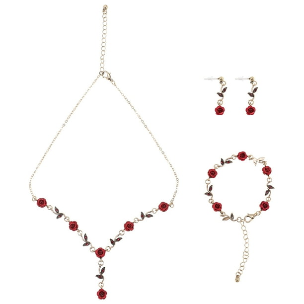HOMEMAXS 1 Set Red Rose Flower Leaf Necklace Earrings Bracelet Set