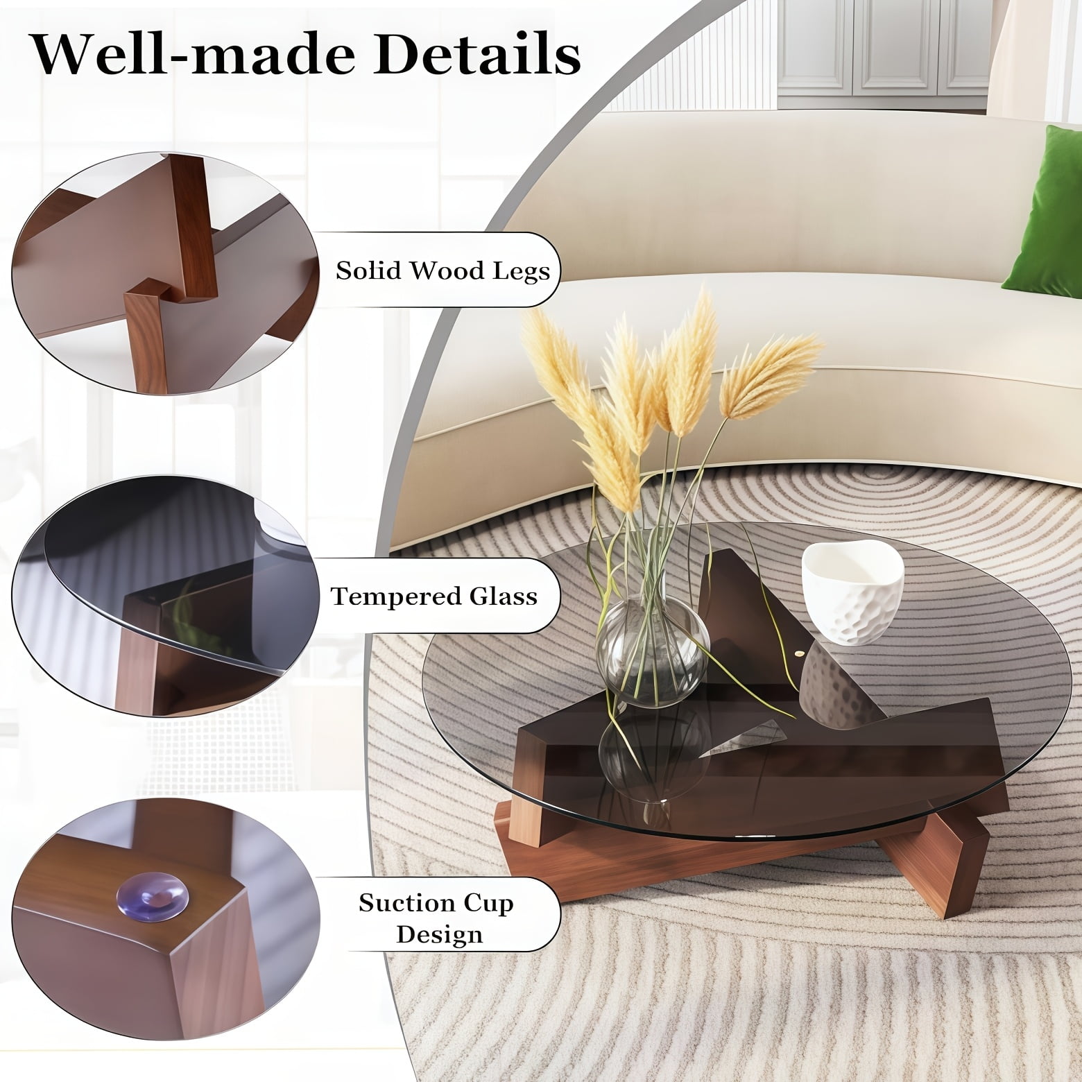 Round Modern Coffee Table for Living Room, Coffee Tables for Living Room with Glass Top and Cross Solid Wood Legs, Multifunctional Low Table for Apartment, Bedroom(Brown,80 * 80 * 31cm)