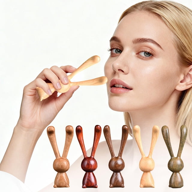 Massage Tool Wooden Massager Long Eared Rabbit Handheld Wooden Massage Ornament for Body Acupoints and Head Meridians Personalized Rabbit Shaped Nasal Scraper Relaxation Therapy Gift Home Spa Travel