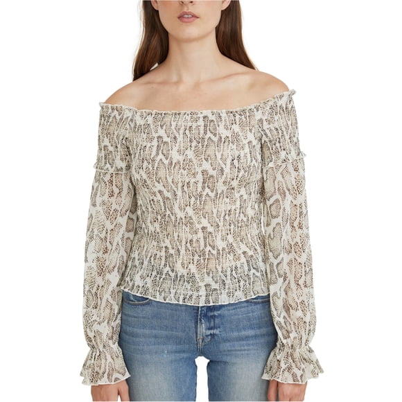 Lucy Paris Womens Smocked Off the Shoulder Blouse, beige, L