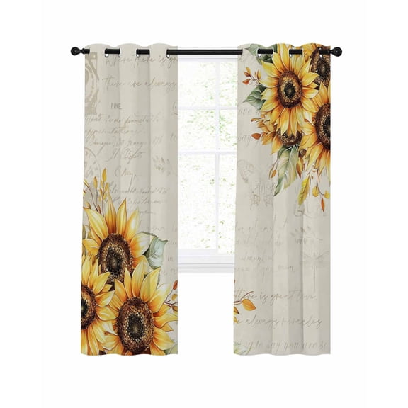 Pastoral Sunflower Blackout Curtains for Bedroom Living Room, Plant Country Vintage Beige Background 84 In Long Thermal Insulated Room Darkening Drapes Grommet Window Treatments, 52 x 84 In