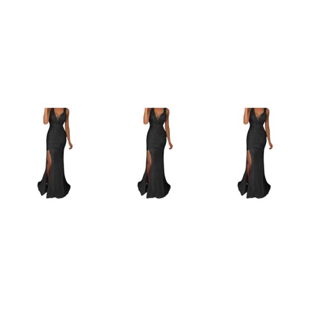 QualitChoice Robe de Soirée Tenue de Fête Vêtement Festif Col en V Longue Fente pour Bal Cocktail Fin Lavable Robe de Bal Exquise Noire G 3 Pcs