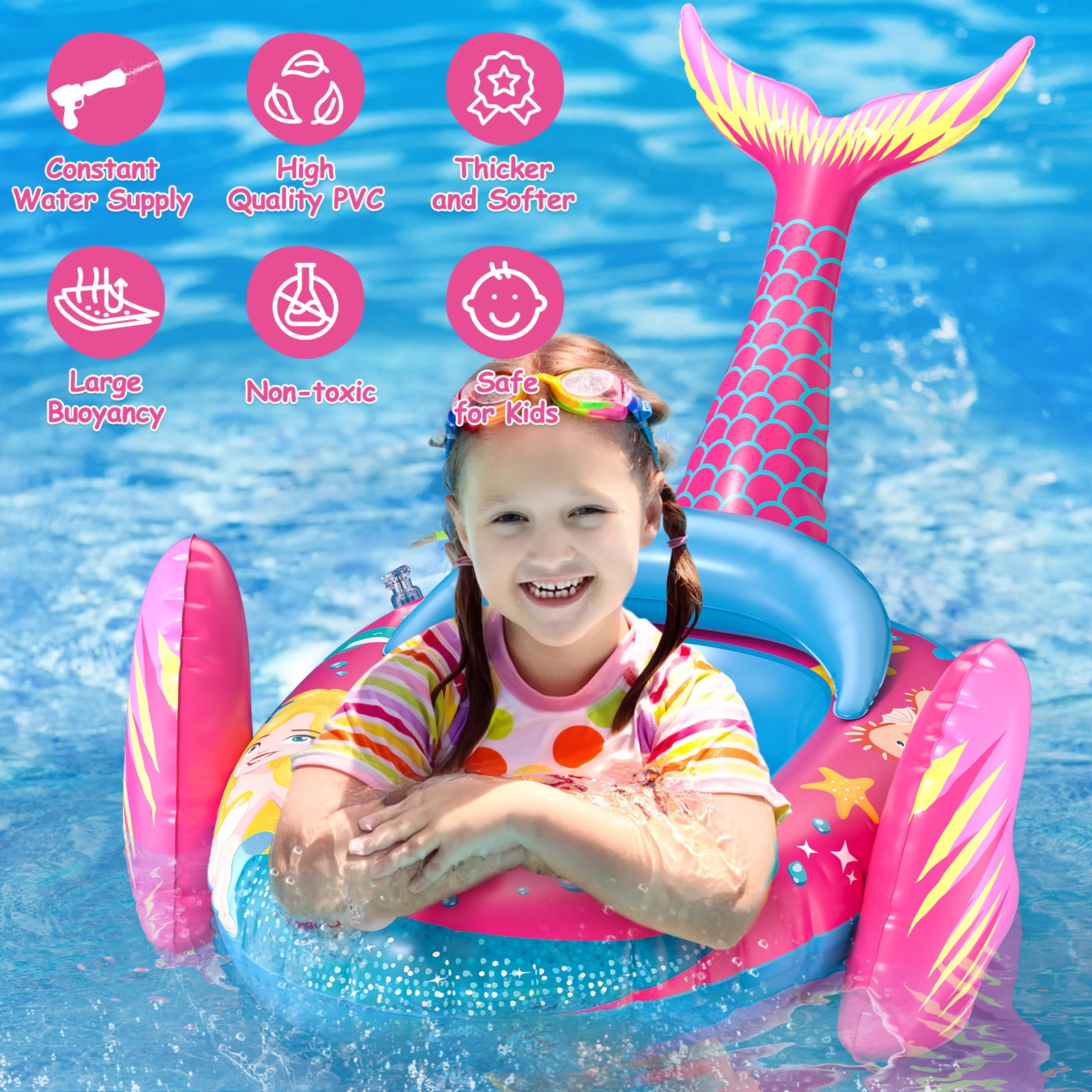 Kids Pool Floats with Water Gun, Mermaid Toddler Inflatable Pool Toys for Kids Age 3-8 Years Old, Summer Outdoor Water, Beach, Swimming Pool Toys Gift