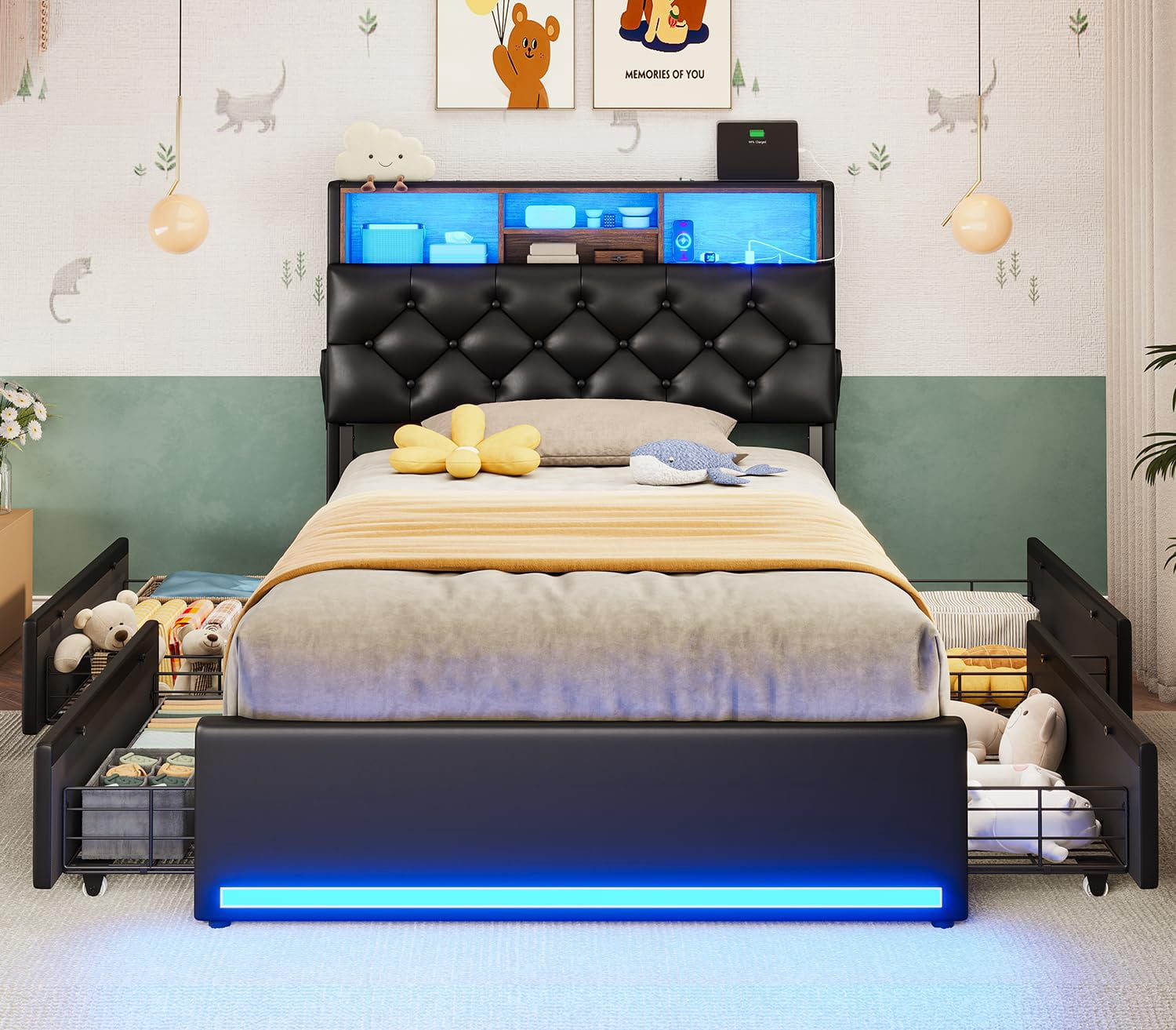 Afuhokles Twin Bed Frame with 4 Drawers and Storage Headboard, Upholstered Bed with Charging Station, Black PU