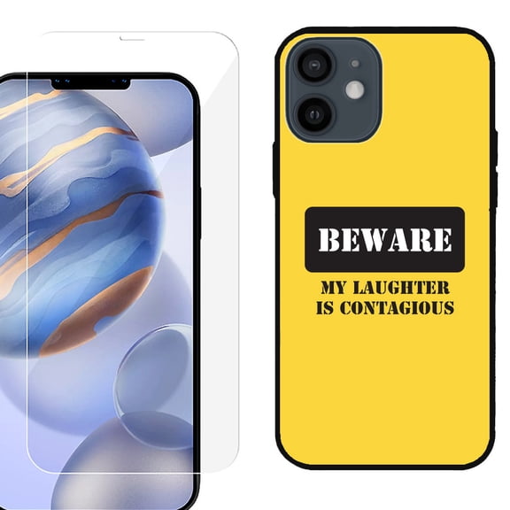 Slim-Fit Protective Phone Case (Black) compatible with iPhone 12 / iPhone 12 Pro, with Tempered Glass Screen Protector, by OneToughShield ® - Laughter