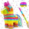 thumbnail image 1 of 16" Cinco de Mayo Pinata, Large Rainbow Color Donkey Pinata 16 x 13 x 5.5 ln with Stick and Blindfold for Fiestas Mexican Party Decoration, Photo Prop, Taco Tuesday Event, 1 of 6