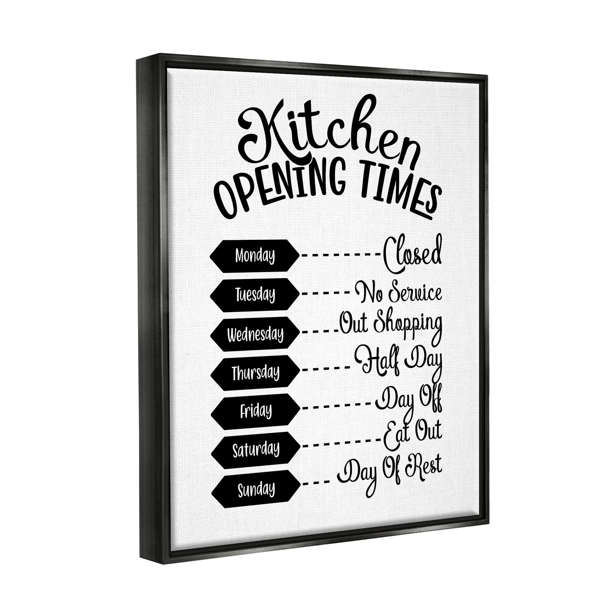 Stupell Industries Kitchen Opening Times Humorous Antique Text Style Graphic Art Jet Black Floating Framed Canvas Print Wall Art, Design by Lettered and Lined