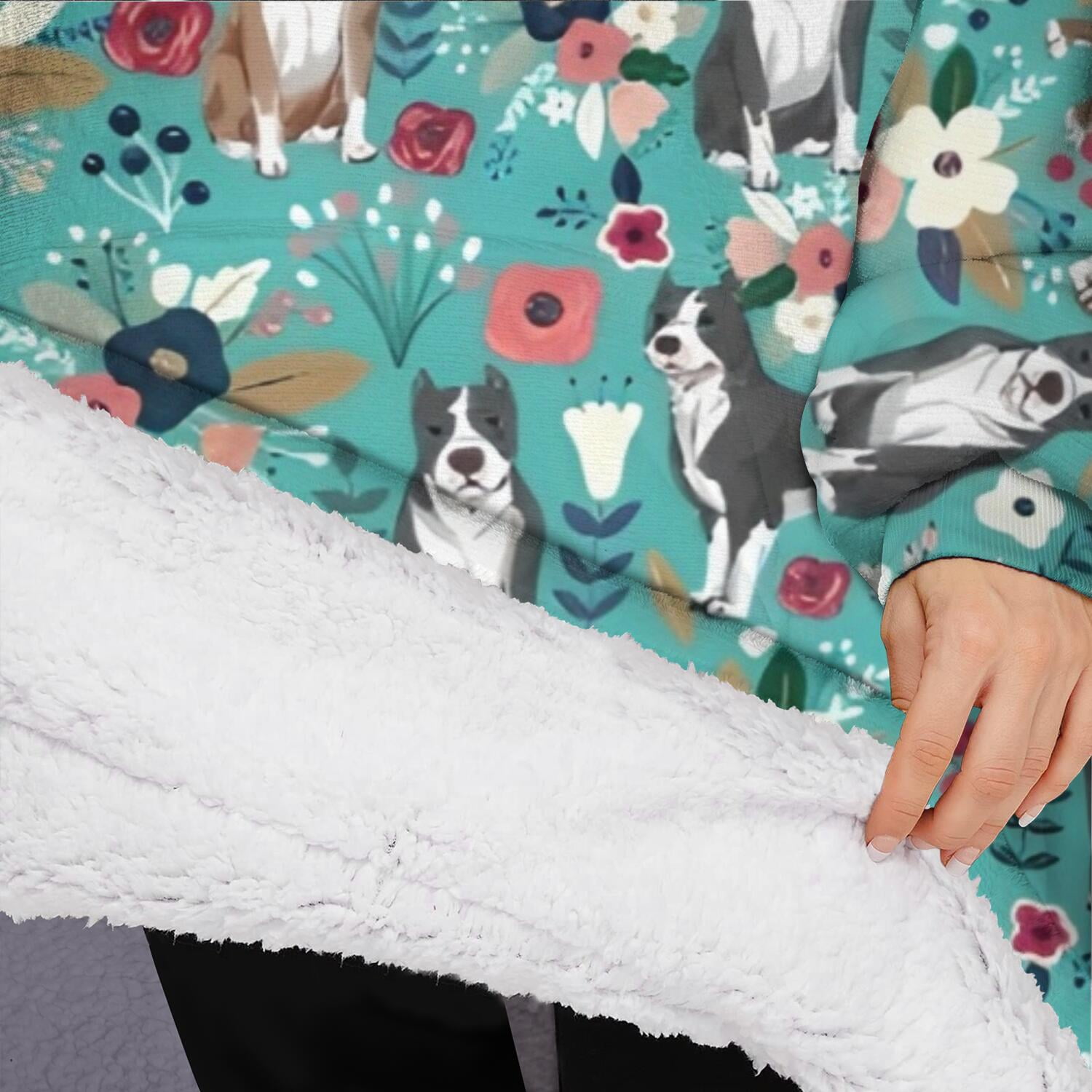 Oversized Wearable Blanket Hoodie,Pitbull Dog and Flower Floral Sherpa Blanket Hoodie with Super Pockets,Super Warm Fuzzy Pullover for Women & Men
