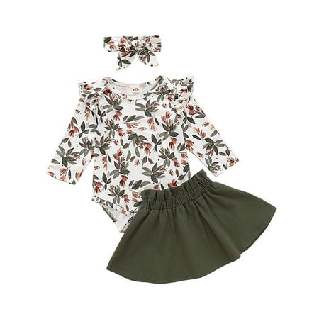 

KIMI BEAR Newborn Baby Girls Outfits 9 Months Newborn Girls Autumn Winter Outfits 12 Months Newborn Girls Sweet Floral Print Long Sleeve Romper + Skirt + Headband 3PCs Set Multi-color