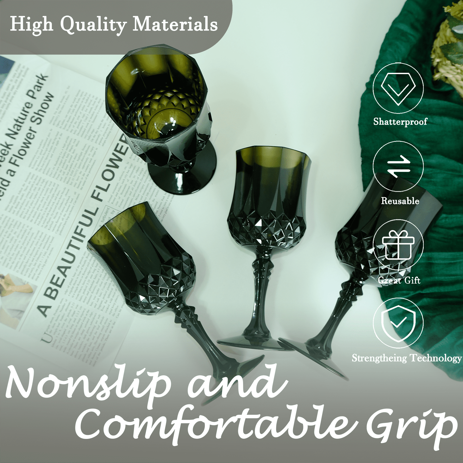 ZHURUININ Reusable  Plastic Wine Glasses，Black，7oz，24Pack