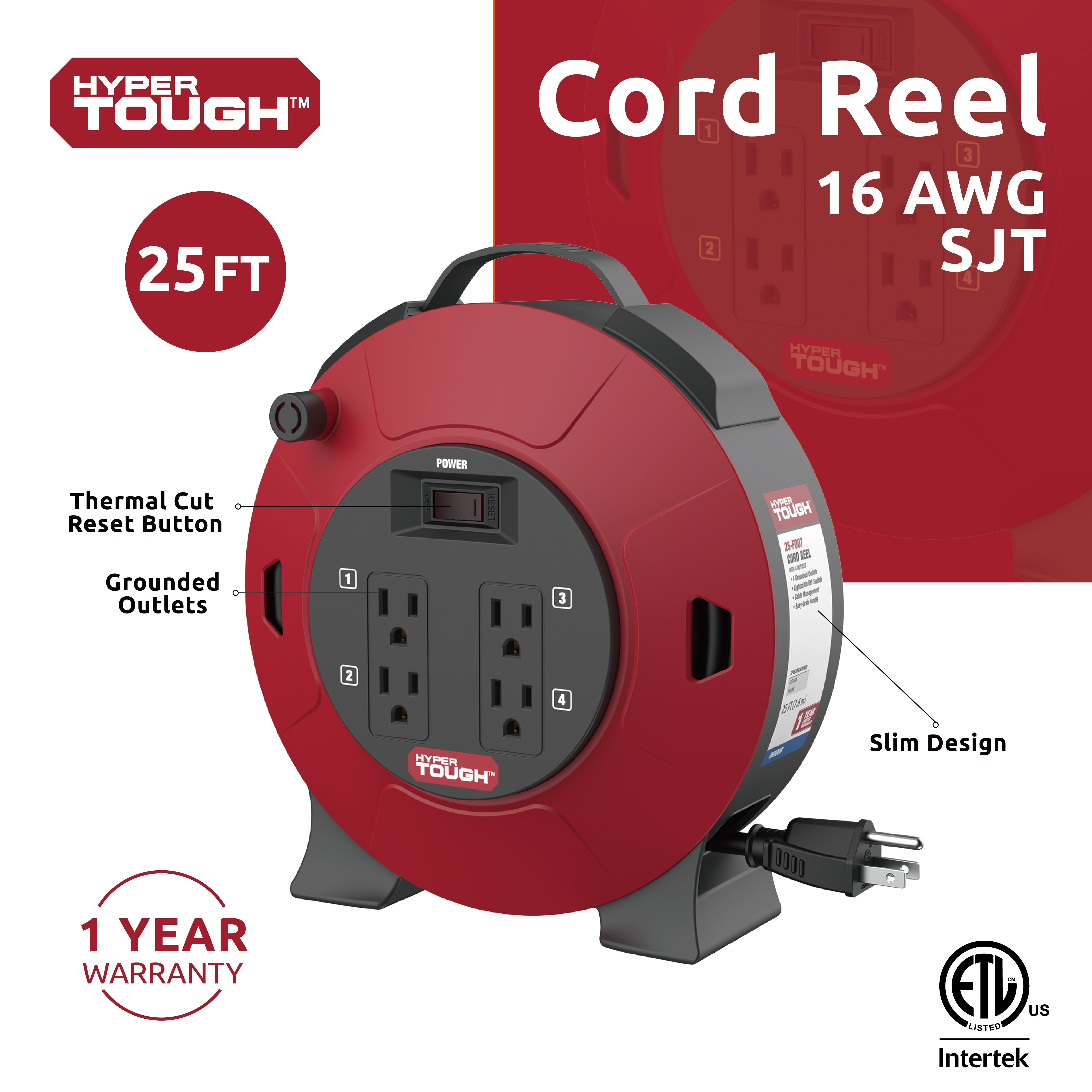 HYPER TOUGH 25 Ft. Retractable Extension Cord Reel With 4 Outlets,  Multi-Plug Extension, On/Off Switch & 16AWG SJT Cable, Black/Red 