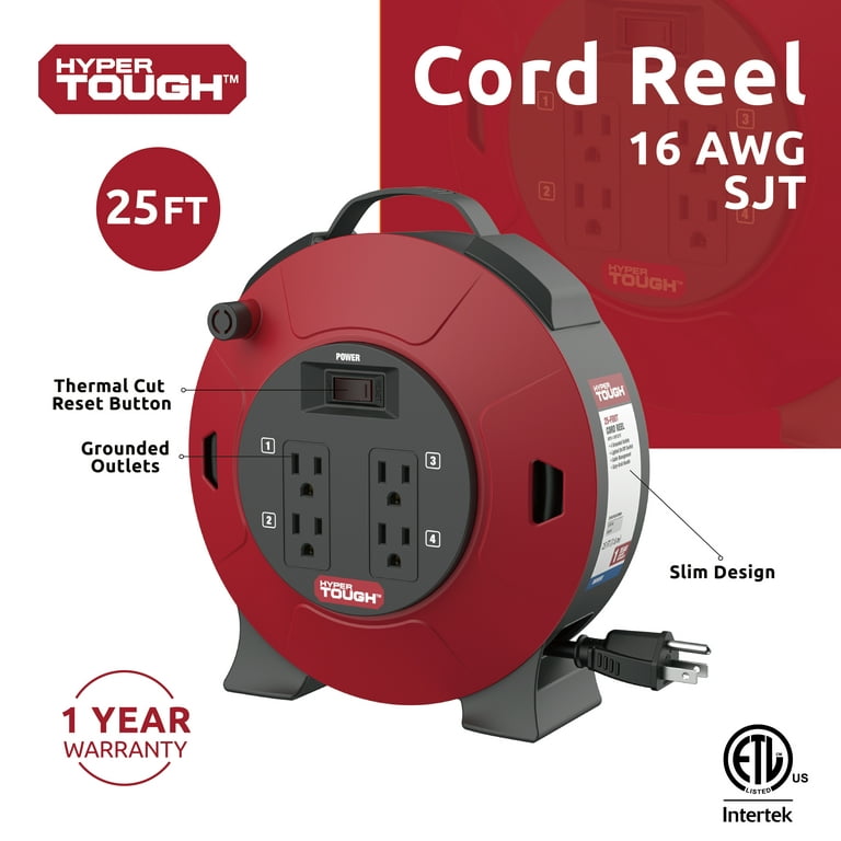 Hyper Tough 4-Outlet 25ft 16AWG Extension Cord Indoor Cord Reel