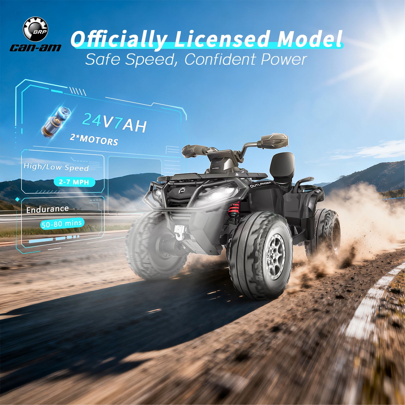 Kerry Yoo SAT5 24V Kids ATV, Licensed Can-am 4 Wheeler for Kids, Children Electric Car,  2 Seats, Parental Handle, Suspension, Safety Belt, Music-Black