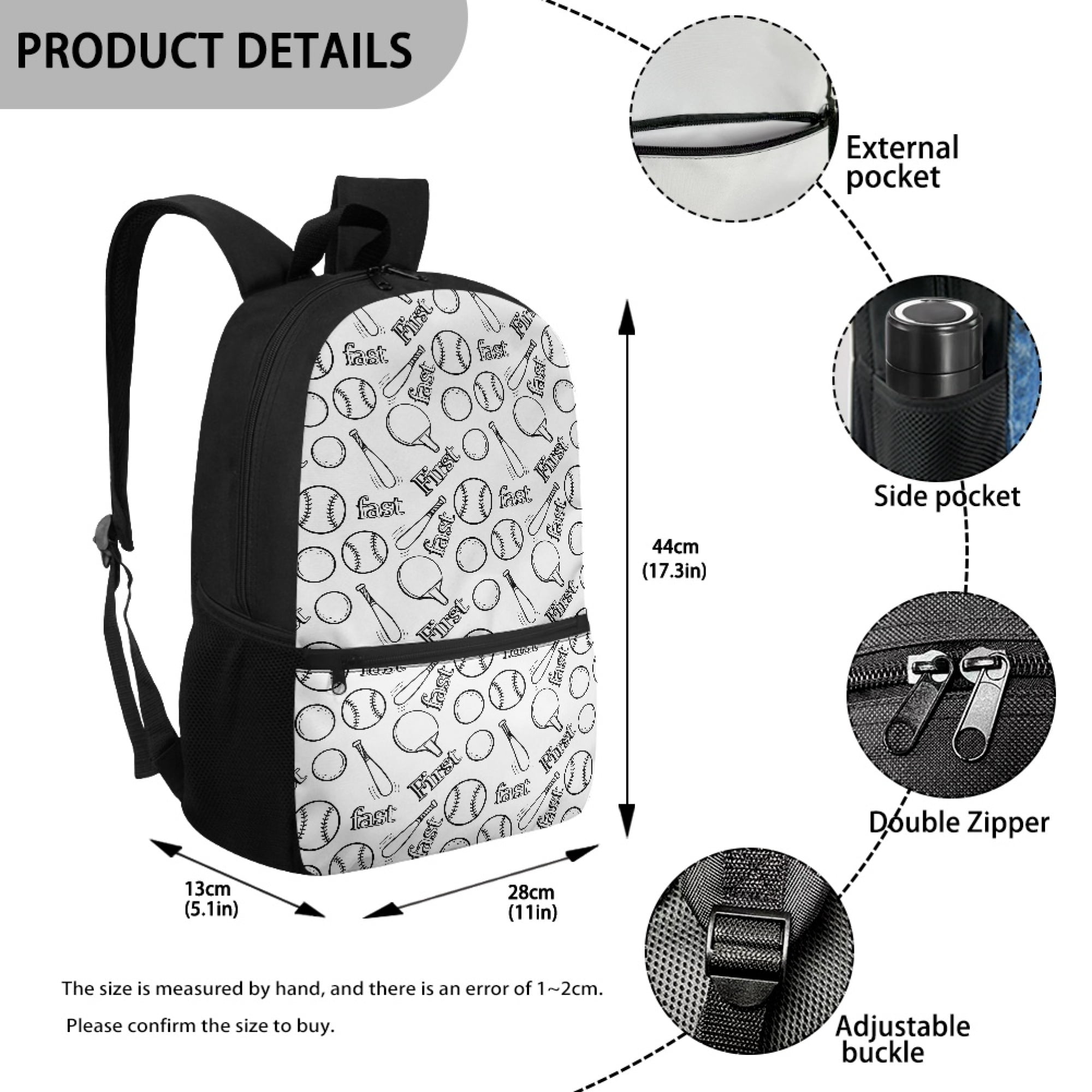 Uourmeti Smooth Zippers 17 Inch Daypack for Work Travel, Large Practical Space Large Capacity Front Pocket Backpack, Baseball Pattern