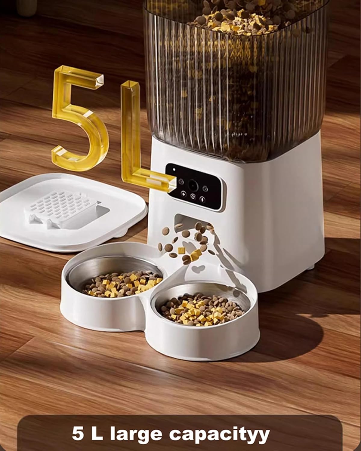DENZUS Automatic Cat Feeder 2 Cats with Camera, 5L Dual Pet Auto Timed Electric Smart App Food Feeding Dispenser (White, 2 Bowls)