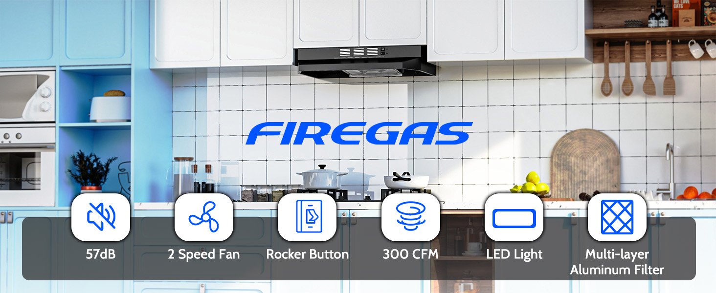 FIREGAS Black Range Hood 24 inch Under Cabinet Range Hood with 2 Speed Exhaust Fan,Ducted/Ductless Convertible,Rocker Button Control,300 CFM,Aluminum Filter