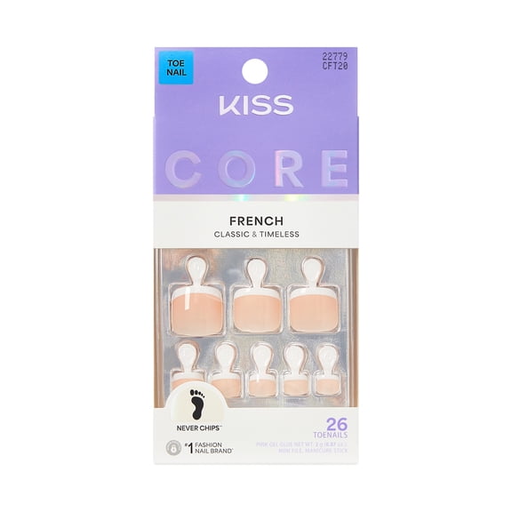 KISS CORE French Tip Press On Toenails, ‘Two of a Kind’, White, 26 Count