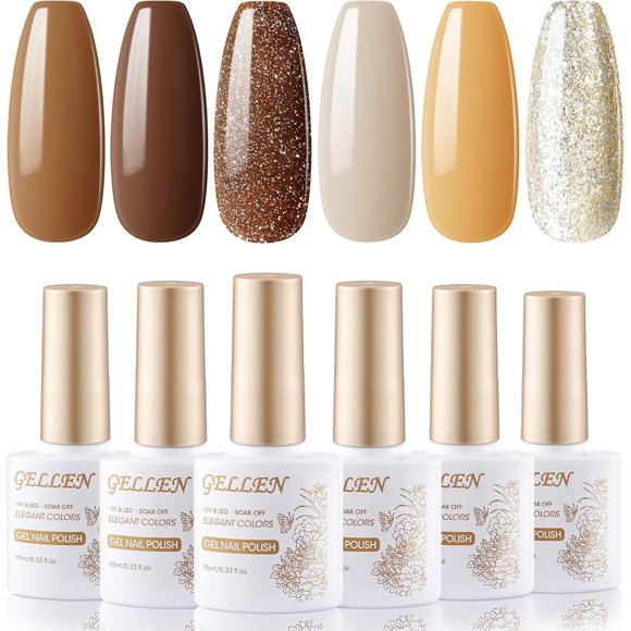 TRAHOO-Gel Nail Polish Set 6 Colors 10ML Brown Coffee Glitter Orange Golden Chocolate Autumn Gel Polish UV Soak Off UV Gel X Nail Art Manicure Salon DIY at Home Nails Gift