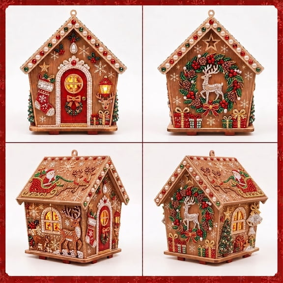 3D Christmas Wooden Pearl House DlY Kit, Rhinestone Diamond Art DIY Set, Complete Beginner Craft Set with Pre-Cut Wood Panels, Christmas Tree Ornaments, Handmade Home Decoration Gifts