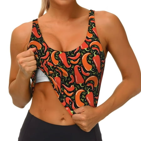 Qokaie Red Hot Chili Pattern Womens Scoop Neck Sports Bra Breathable Workout Vest Padded U Back Medium Impact Fitness Gym Yoga Bra Workout Crop Top