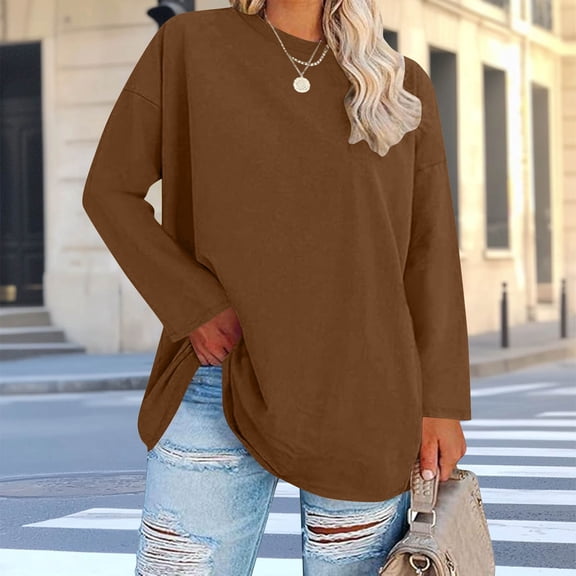 ClodeEU Women's Plus Size Long Sleeve Crewneck Sweatshirt ,Oversized Loose Casual T Shirts Coffee,Womens Plus XL