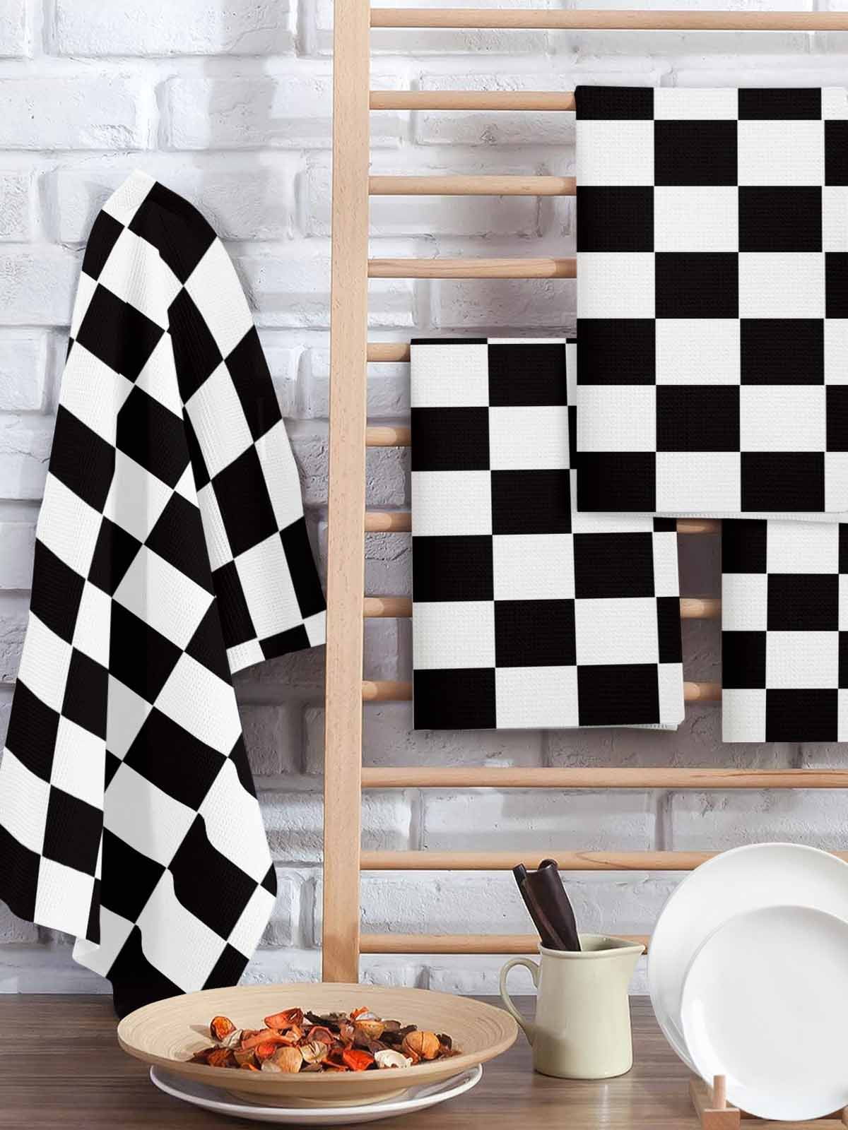 Simple Black White Checkered Hand Towels Set, Waffle Weave Kitchen Towels 4 Pieces, Lattice Buffalo Plaid Microfiber Hair Face Bath Tea Towel Absorbent Quick Drying Cleaning Dish Cloths, 15.7"x23.6"