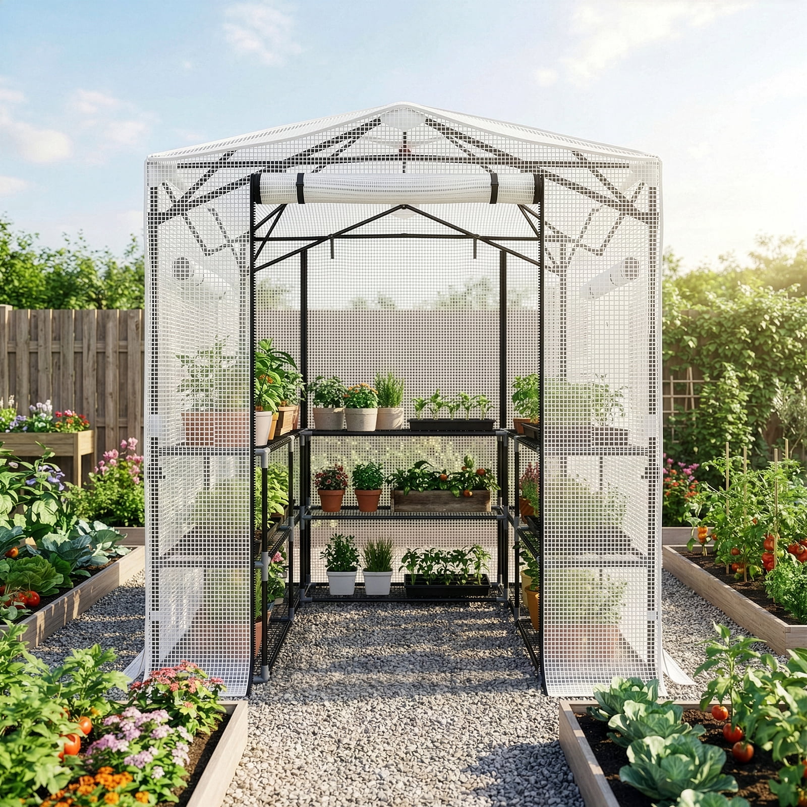 Foldable Greenhouse Shed, 8*6ft Plastic Sprayed Iron Pipe PE Mesh, White