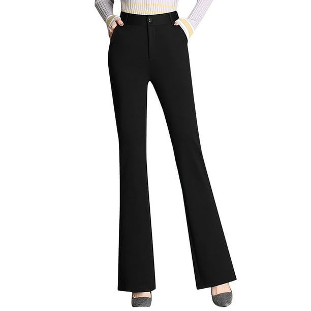 Pantalones rectos de cintura alta para mujer - Poliéster, cintura elástica, bolsillos - Pantalones informales para todas las estaciones