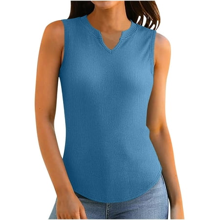 Chbgutlmr Going out Tops for Women Notched V Neck Solid Color Sleeveless Slim Fitted Ribbed Summer Tops