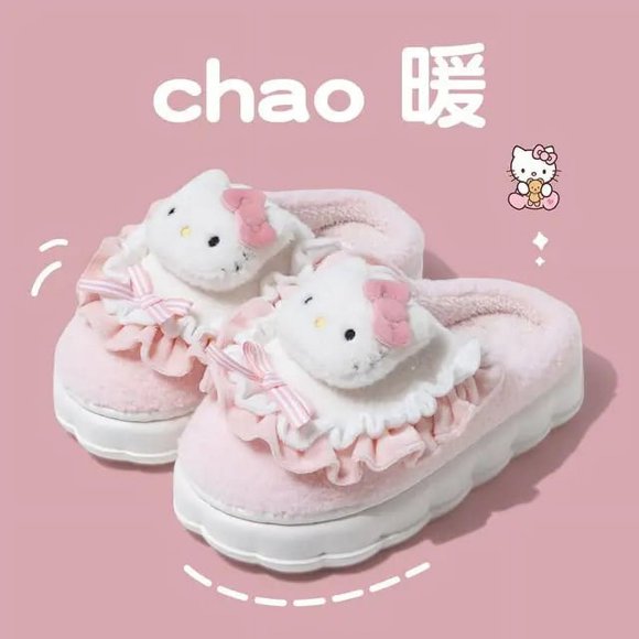 Sanrio Chaussons Dessin Animé Hello Kitty My Melody Kuromi Cinnamoroll Automne et Hiver Chauds en Coton Doux Chaussures de Maison Cadeaux de Vacances