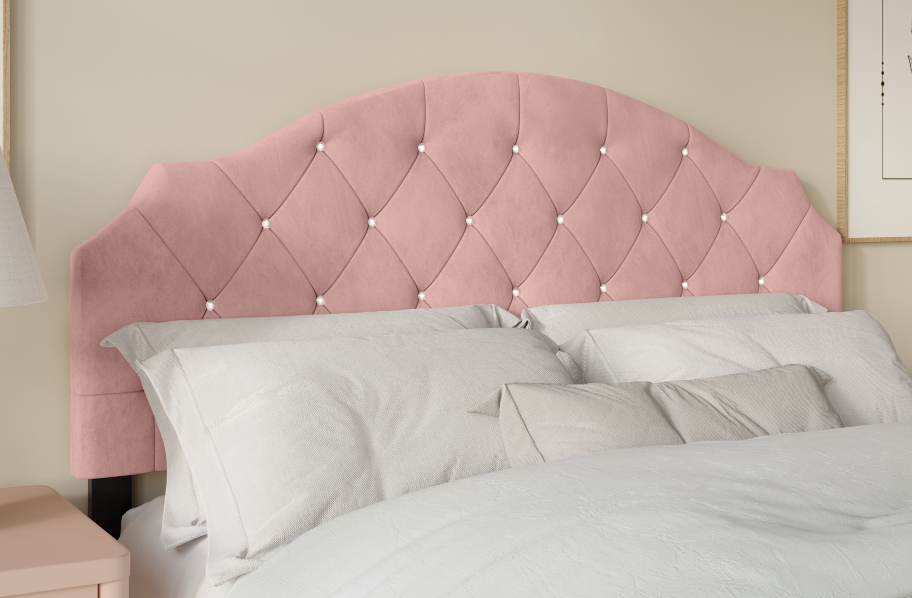 Home Design Evelina Queen Tufted Upholstered Headboard, Pink, Velvet with Diamond Button Tufting, Modern Bedroom Furniture