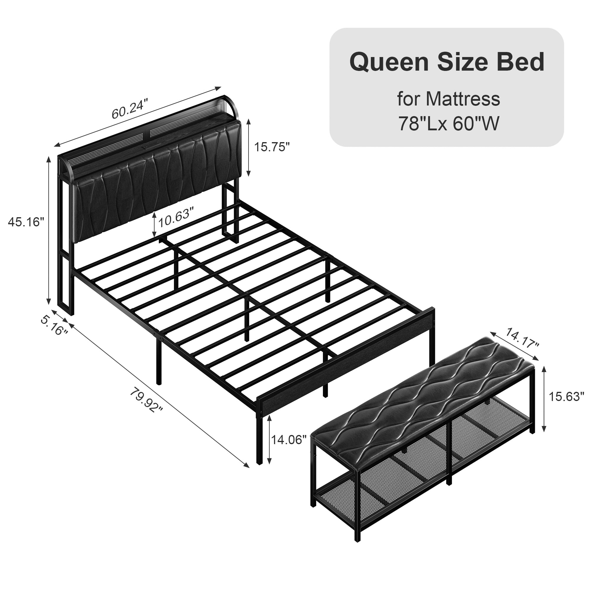 VECELO 2-Piece Bedroom Sets, Queen Size Bed Frame with Storage Bench, Leather Bedframe with Charging Stations, Black