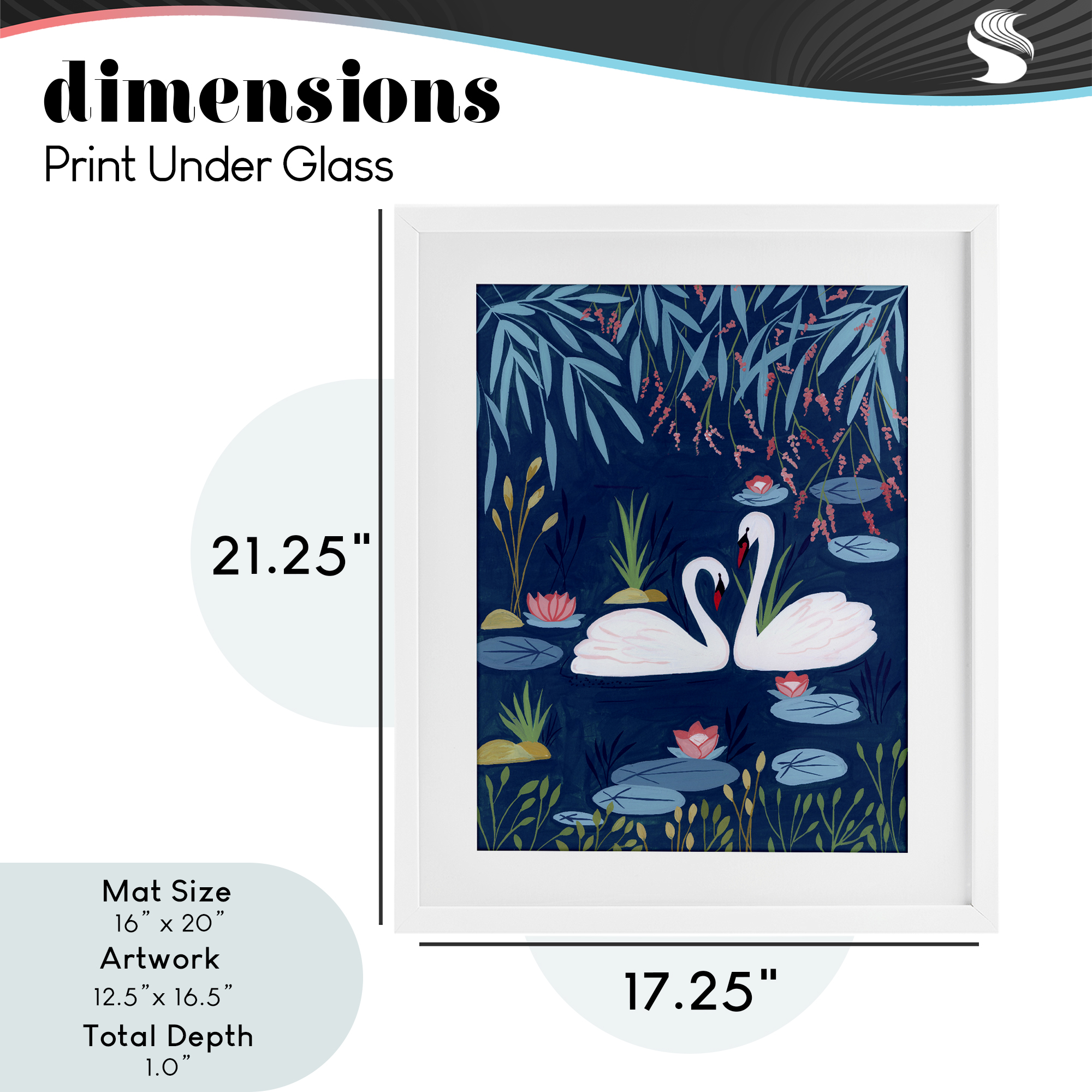 Swan Pair on Blue Pond White Framed Print Under Glass, design by Nabeela Rumi